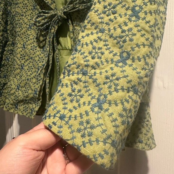 Vintage Ateliers Rare Toggery Embroidered Tie Waist Blue & Green Jacket Womens L - Picture 7 of 10